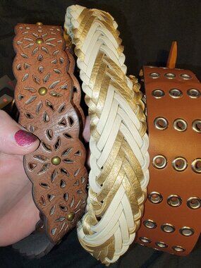 New 3 Belts 1 Leather & 2 Vegan Leather Brown White Gold Braided Grommets 1x 2x
